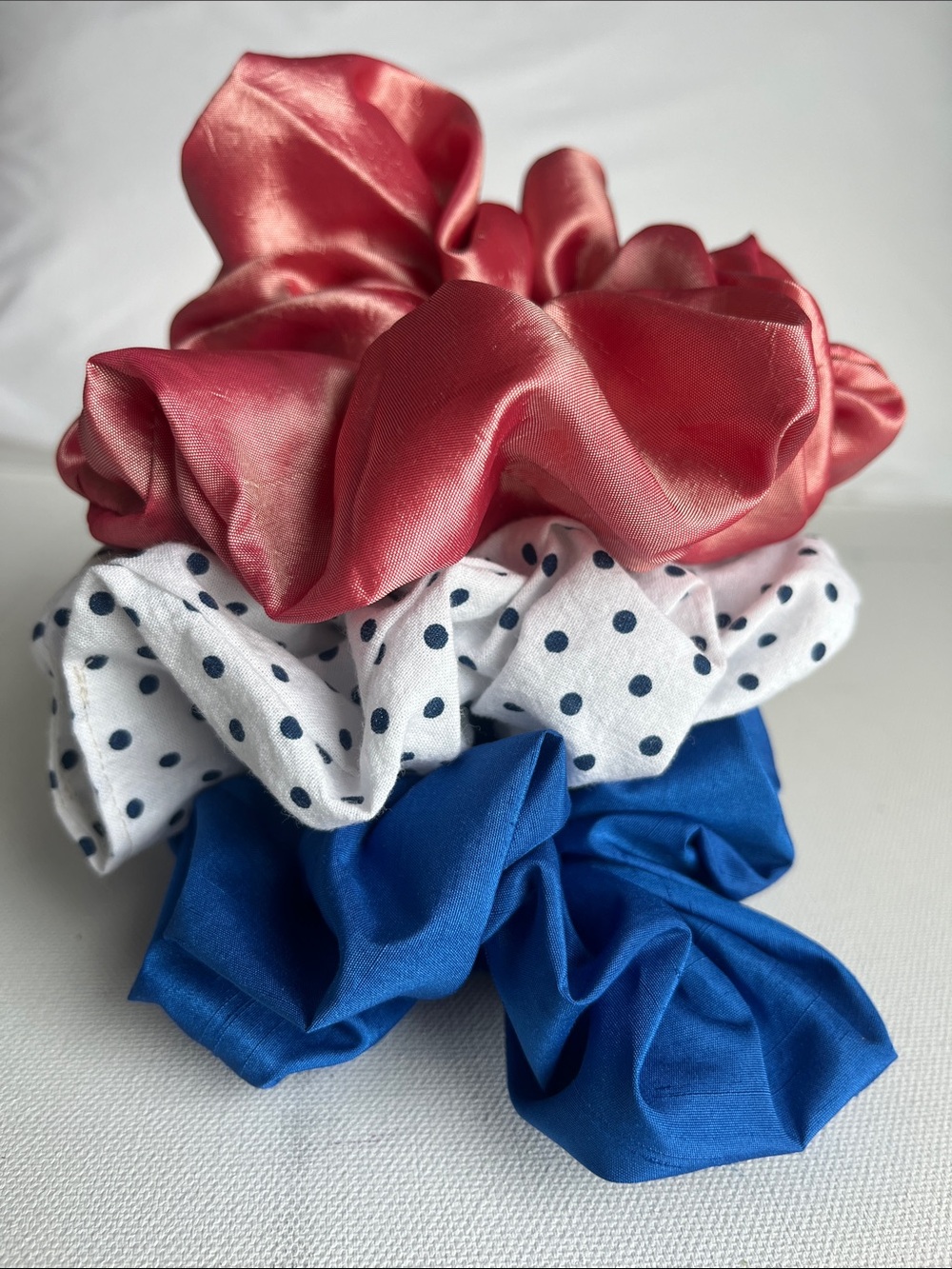Jumbo Scrunchies Homemade | 3 Pc  | 6” | Blue White Coral Combo | Satin & Cotton